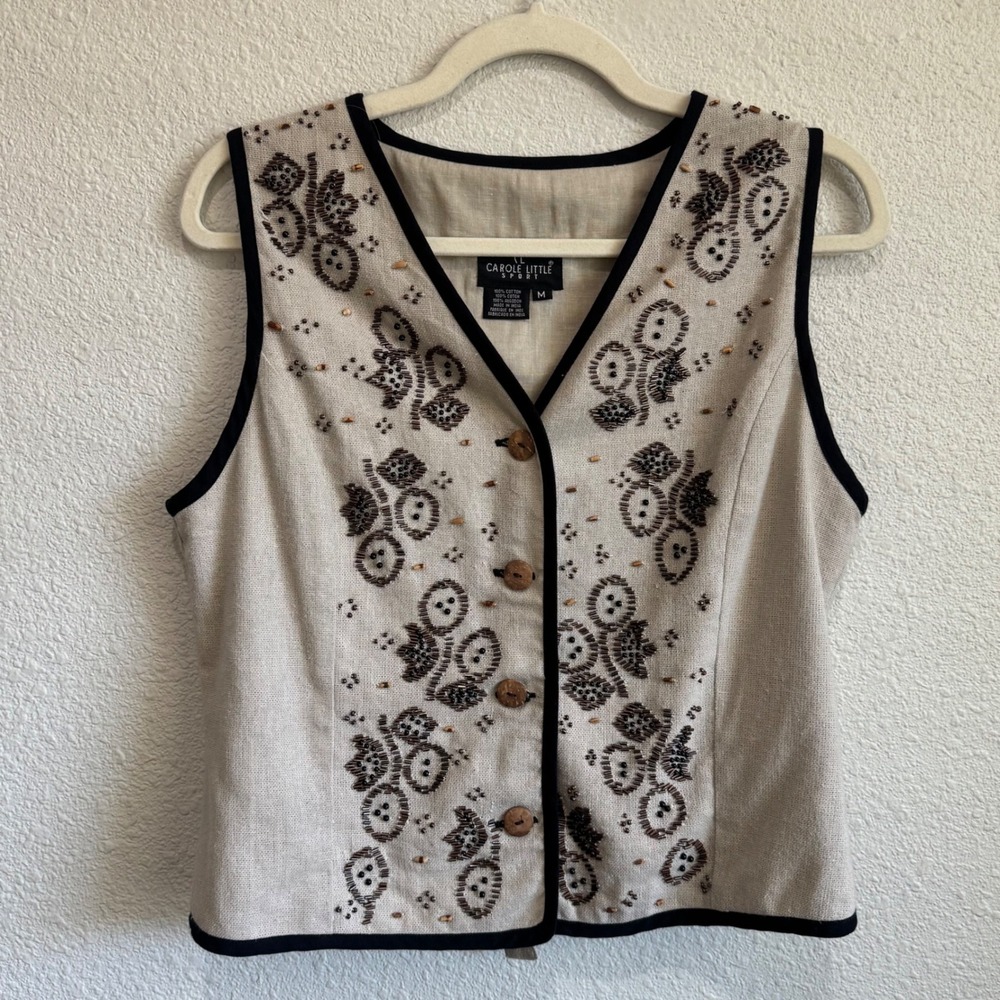 Carole Little‎ Sport Vintage Beaded Cotton Vest Beige Cottagcore Size M Boho